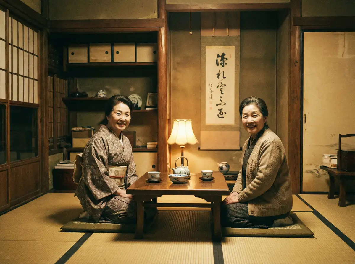 两位优雅的 起尸鬼在线观看 在日式茶室中品茶交谈